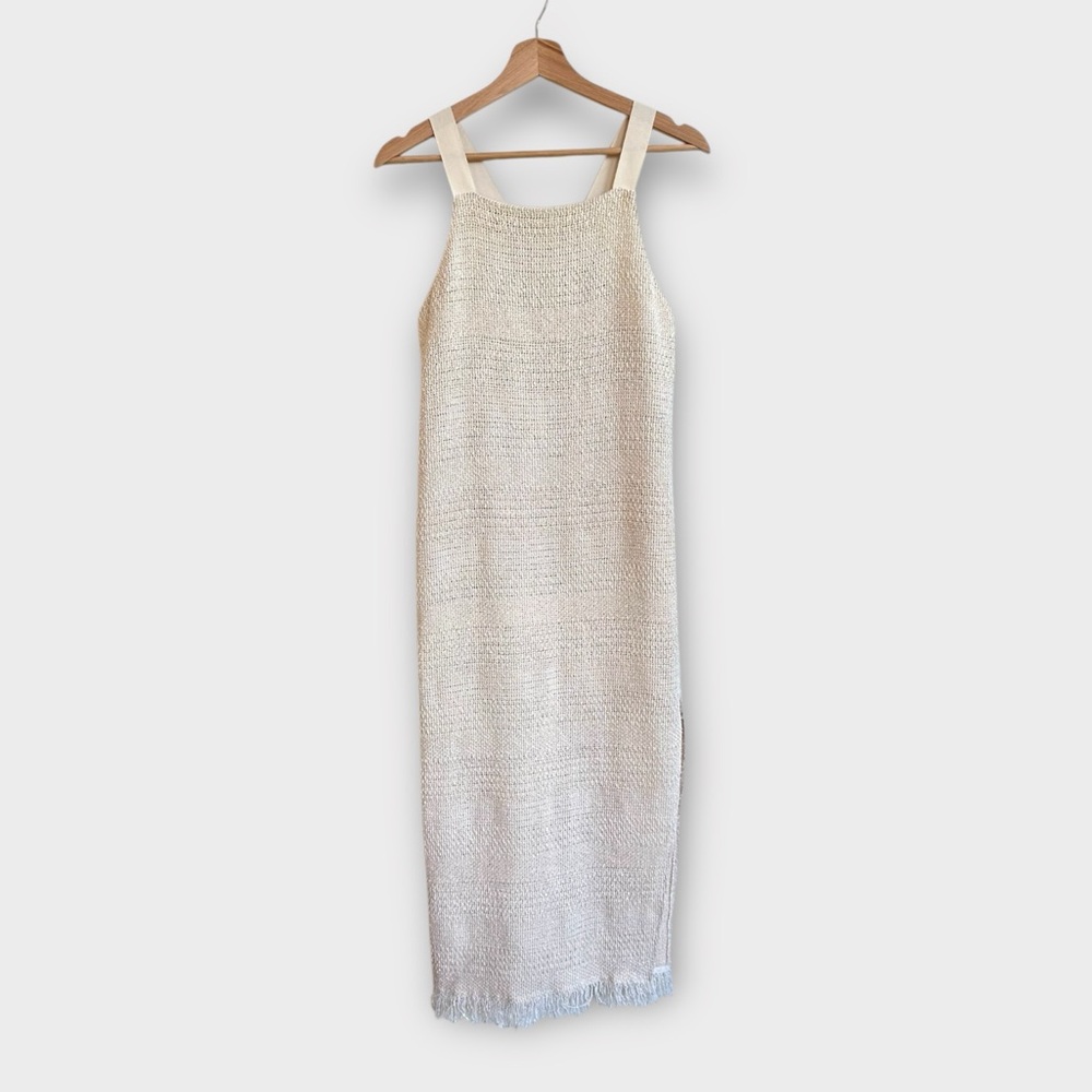 Nanushka Woven Fringe Tank Top Midi Dress in Natural Weave, size S